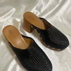 Anthropologie Black Boho Woven Mule Clogs with Brown Block Heels